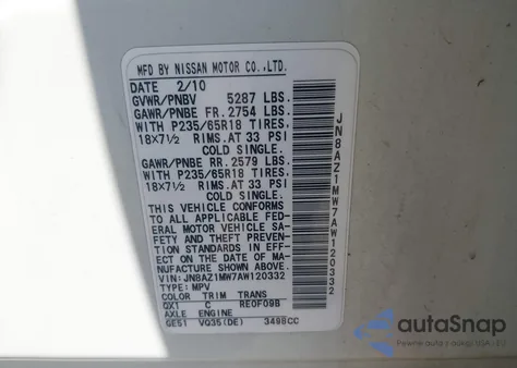 2010 Nissan Murano Sl z USA, uszkodzony, nr VIN JN8AZ1MW7AW120332